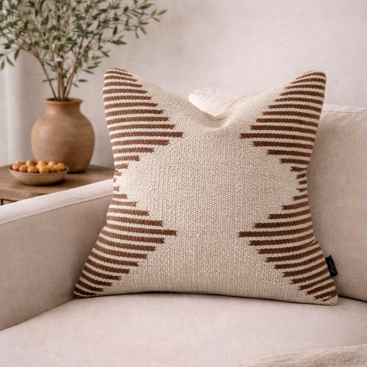 Brown & Beige Striped Modern Boho 20" Pillow Cover – Handmade, Premium Canvas Backing, Hidden Zipper